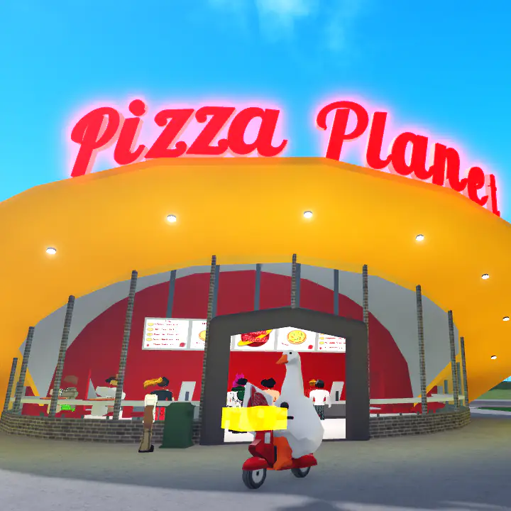 A large duck delivering pizzas on a red moped