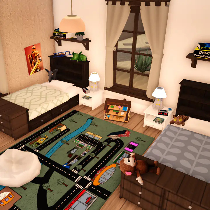 Kids room with two single beds and toys