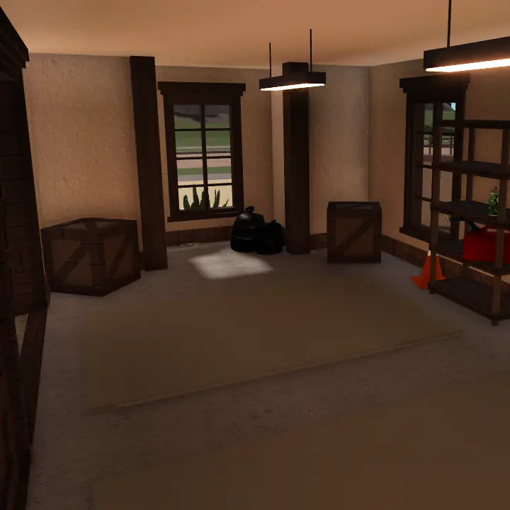 Two car garage featuring storage shelves and car pads